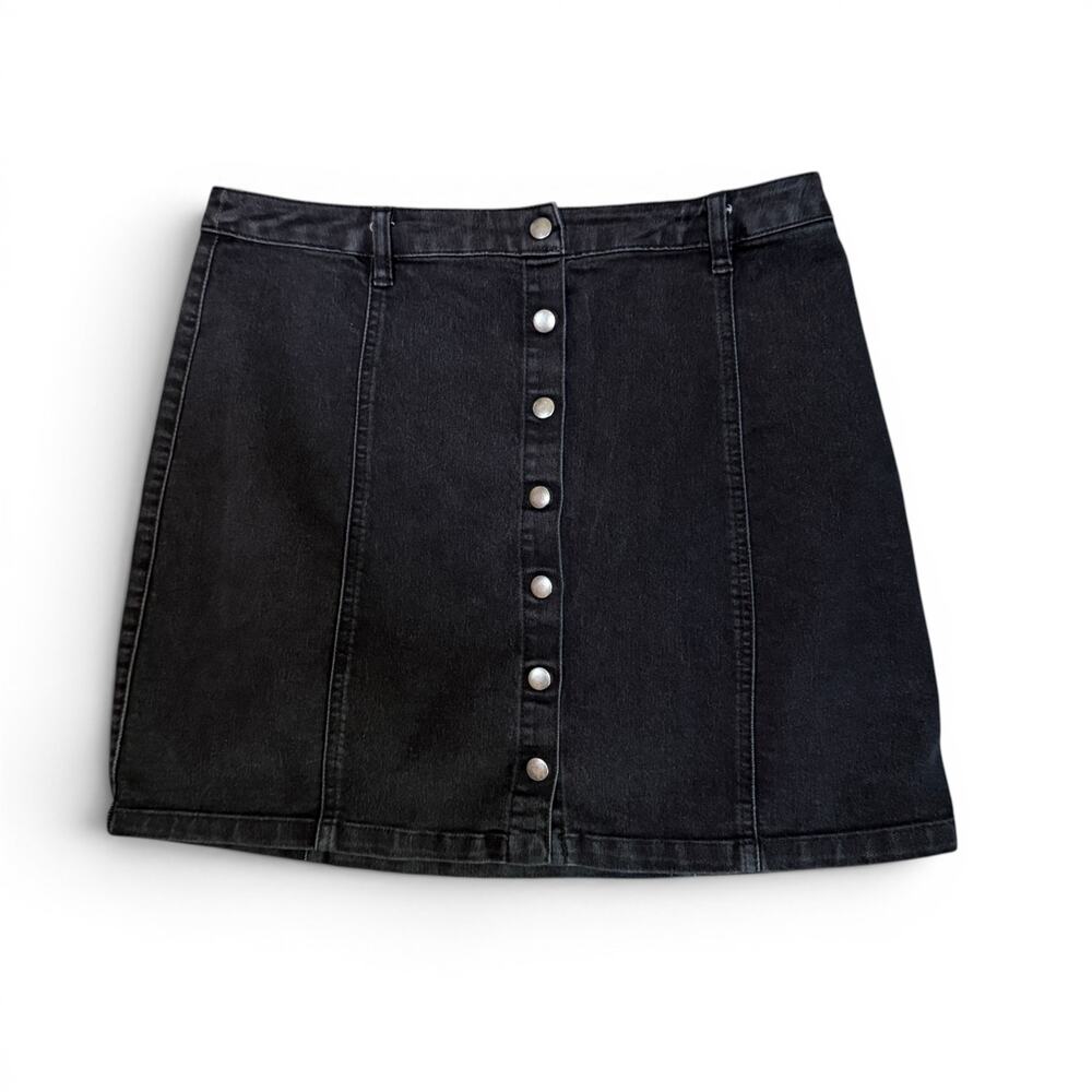 90s Y2K Black Denim A-line Mini Skirt Button Fly Front Womens Medium Stretch